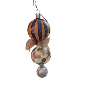 Mackenzie Childs Hand Blown Glass Christmas Ornament Orange Blue Stripes